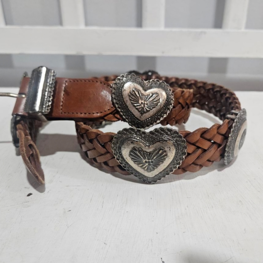 Vtg '91 Brighton Braided Leather Belt With Silver Tone Concho Accents, Lrg 34"